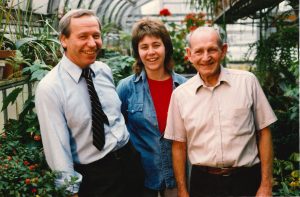 Greenhouse Staff - Approx. 1989 Karl Wimmi, Beverly Vogel (apprentice) and Roland Duffy, chief horticulturalist.